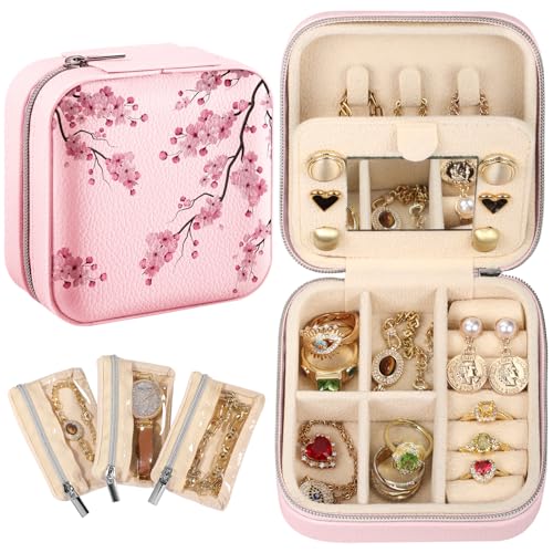 Bistup Travel Jewelry Case - Small Jewelry Organizers and Storage Box for Women Girls Teens Cute Traveling Jewelry Holder with Mirror Little Tiny Compact Modern Unique Aesthetic Pretty, Peach Blossom - style: Peach Blossom