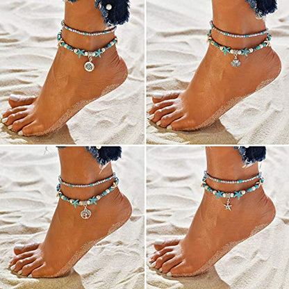 Suyi 5pcs Ankle Bracelets for Women Layered Beach Adjustable Anklets Boho Chain Anklet Foot Jewelry - color: 5pcs
