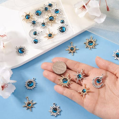 24Pcs Alloy Rhinestone Charms for Jewelry Making, Cute Moon Sun Star Alloy Charm Celestial Blue Rhinestone Dangle Pendants for DIY Necklace Bracelet Earring Jewelry Making Crafts - color: Blue