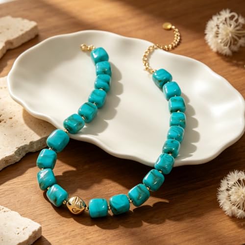 Chunky Beaded Necklace for Women,Square Resin beads boho Choker Necklace with gold-tone spacers,Fashion Trendy Summer Beach Party Necklaces Handmade Surfer Beach Necklaces Jewelry Gifts - color: Turquoise