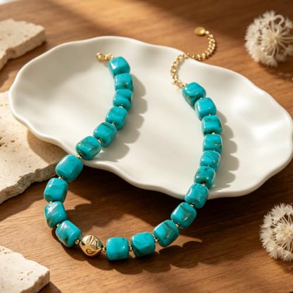 Chunky Beaded Necklace for Women,Square Resin beads boho Choker Necklace with gold-tone spacers,Fashion Trendy Summer Beach Party Necklaces Handmade Surfer Beach Necklaces Jewelry Gifts - color: Turquoise