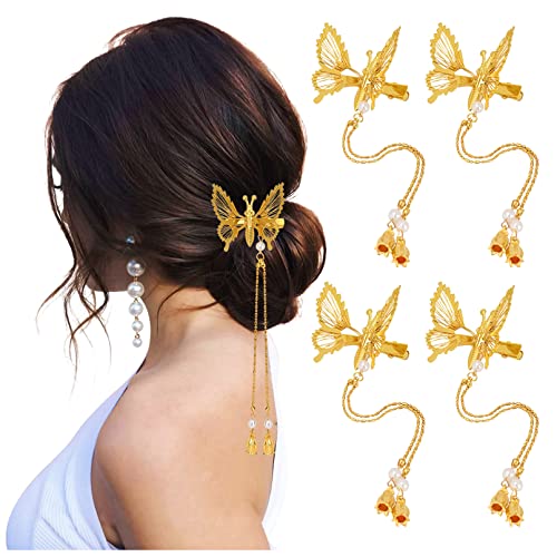DEEKA Moving Tassel Butterfly Hair Clips 4 PCS 3D Metal Gold Moving Wings Butterfly Hairpins Bride Wedding Hair Accessories Barrette for Women and Girls -Gold - color: Gold with Tassel