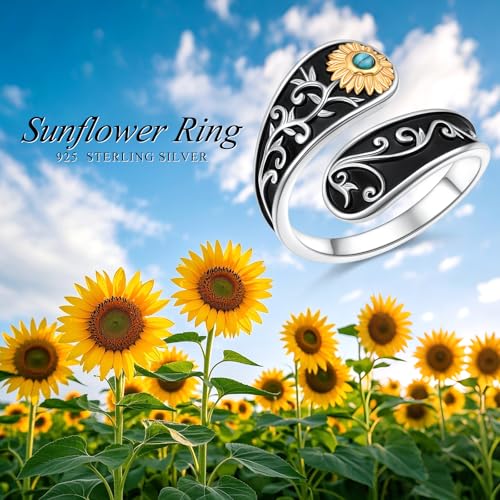FLYOW Sterling Silver Sunflower Spoon Ring Victorian Style Boho Antique Flower Adjustable Open Ring Retro Statement Cubic Zirconial/Turquoise/Oxidized Thumb Rings for Women Birthday Christmas Jewelry - style: Turquoise-7