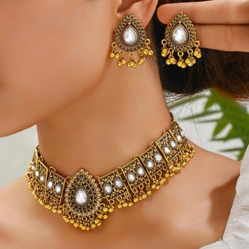 Frodete Indian Jewelry Sets for Women Traditional Bohemian Wedding Jewelry Set Indian Dresses for Women Oxidized Ethnic Party Prom Wear - color: B1:silver indian necklace earring sets