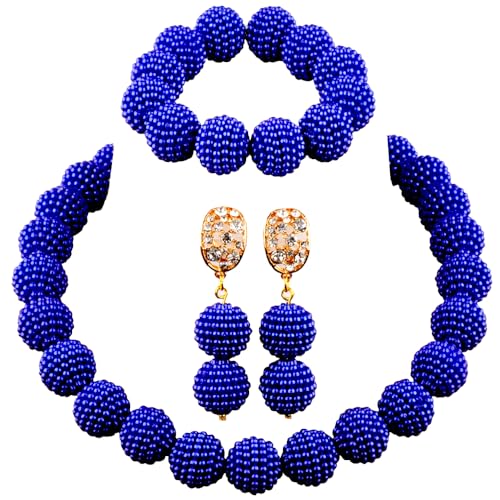 Nigerian Wedding African Beads Jewelry Set Women Simulated Pearl Necklace and Earrings - color: Royal Blue