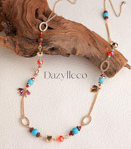Long Gold Boho Necklaces for Women Beaded Statement Chain Long Necklace Gold Costume Jewelry Birthday Gifts for Her - color: Colorful