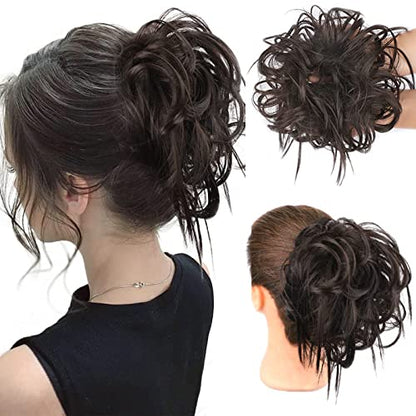 HMD Tousled Updo Messy Bun Hair Piece for Women Synthetic Hair Extension | Messy Bun Hair Piece with Elastic Scrunchie Synthetic Tousled Updos Ponytail Hairstyles for Daily Wear - color: Brown Black