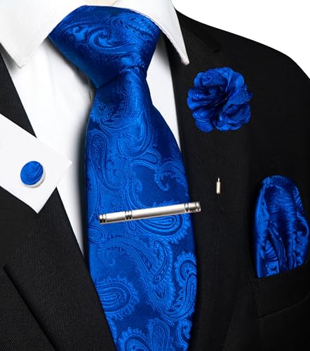 JEMYGINS Mens Paisley Tie and Pocket Square,Lapel Pin,Cufflinks,Tie Clip Sets with Gift Box 5PCS - color: Royal Blue