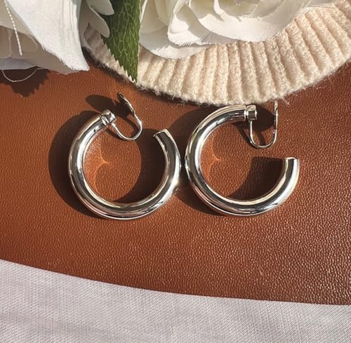 A Season Women Twisted Gold/Silver Round Clip On Hoop Earrings for Non Pierced Ears Hoops Earrings, Small/Medium/Large (Silver Solid Round)