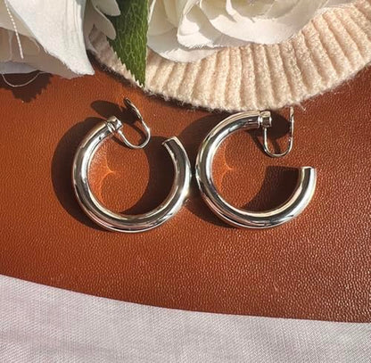 A Season Women Twisted Gold/Silver Round Clip On Hoop Earrings for Non Pierced Ears Hoops Earrings, Small/Medium/Large (Silver Solid Round)