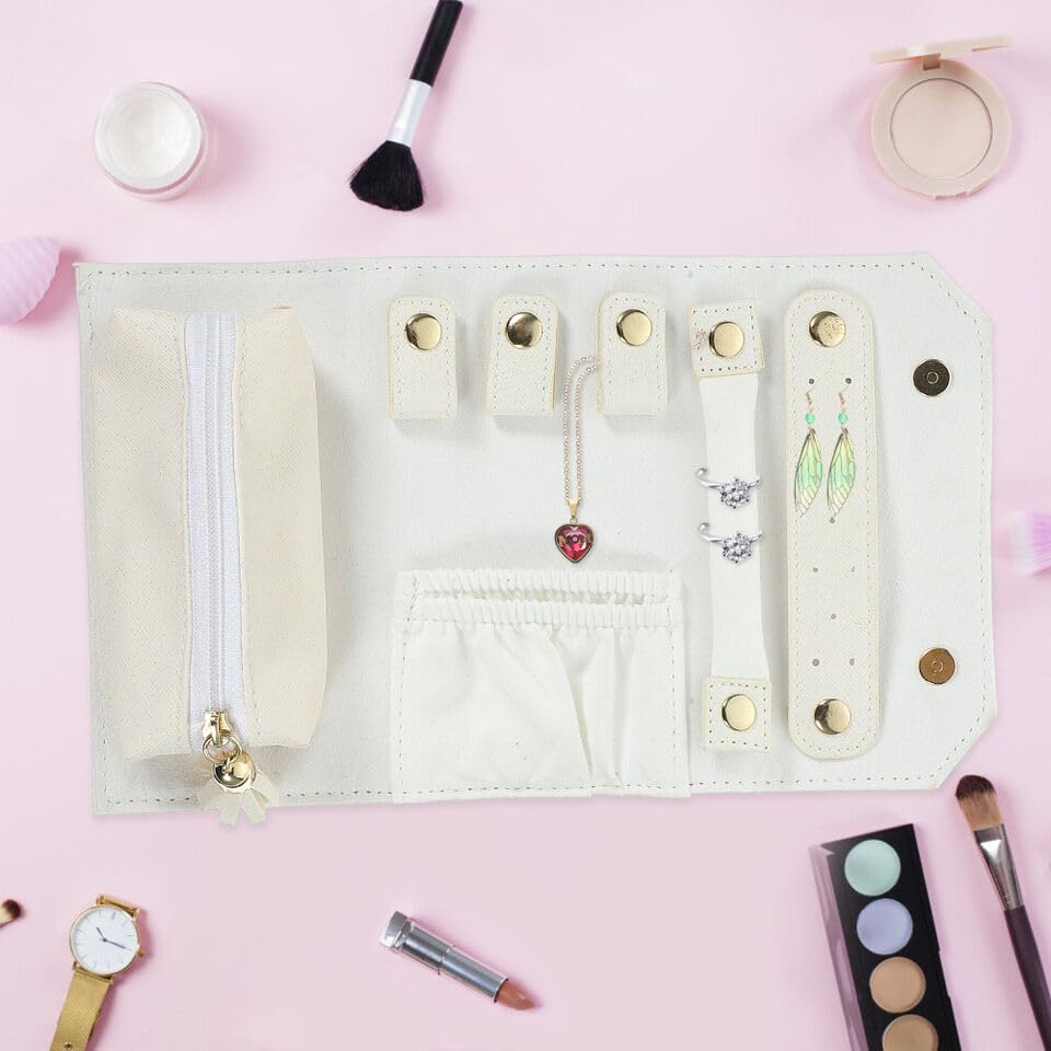 Travel Jewelry Organizer, Portable Jewelry Roll | Mini Size & Light Weight Jewelry Storage Organizer Bag for Women's (White) (Pack Of 1)