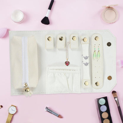 Travel Jewelry Organizer, Portable Jewelry Roll | Mini Size & Light Weight Jewelry Storage Organizer Bag for Women's (White) (Pack Of 1)