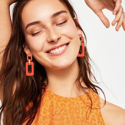 Geometric Square Earrings for Women Lightweight Colorful Color Block Acrylic Chunky Geometric Rectangle Oval Link Chain Statement Earring - style: Orange Rectangle