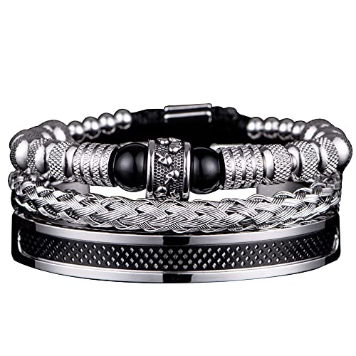 3pcs/set Classical Handmade Braiding Bracelet Hip Hop Men Pave CZ Leopard Head Roman Numeral Bracelet Stainless Steel Jewelry - color: 3pcs V Black