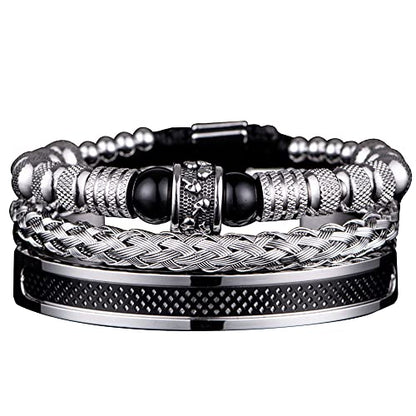 3pcs/set Classical Handmade Braiding Bracelet Hip Hop Men Pave CZ Leopard Head Roman Numeral Bracelet Stainless Steel Jewelry - color: 3pcs V Black