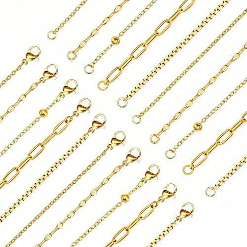 20Pcs (5 Styles) Stainless Steel Chains for Jewelry Making (G-17in) | Bulk Silver & Gold Plated Chains, Satellite, Paper Clip, Lip, Rolo, Cable, Jewelry Making - color: Gold Plated (17 inch)