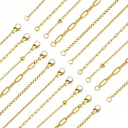 20Pcs (5 Styles) Stainless Steel Chains for Jewelry Making (G-23in) | Bulk Silver & Gold Plated Chains, Satellite, Paper Clip, Lip, Rolo, Cable, Jewelry Making - color: Gold Plated (23 inch)