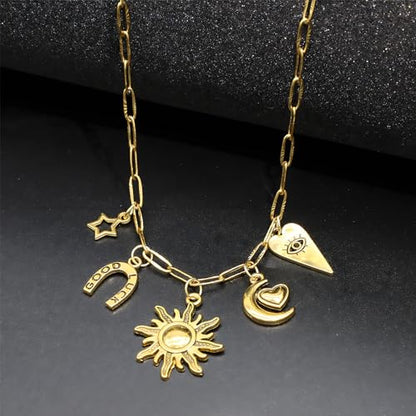 JNF Cute Shell Conch Boho Charm Necklace for Women Sun Moon Star Coin Heart Flower Boot Bow Charms Necklaces Summer Beach Jewelry - color: moon charm sun necklace