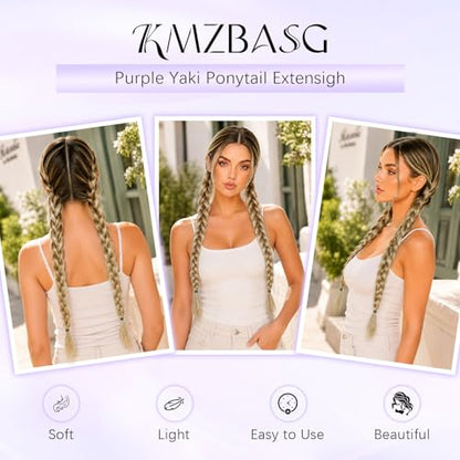 Ponytail Extension with Hair Tie DIY Braided Ponytail Extension for Woman 2 PCS Warp Around Yaki Straight Sleek Hairpieces Light and Soft Fluffy Stayle Ponytail for Women Daily Party Use - color: Mixed Blonde with Platinum Highlight