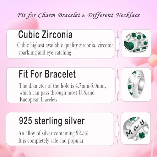 MICOO 925 Sterling Silver Jan-Dec Birthstone Charms For Bracelets and Necklaces, Original DIY Bead Charms With Cubic Zirconias Jewelry Birthday Gifts For Women. - color: 5-May Birthstone charm