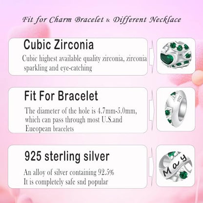 MICOO 925 Sterling Silver Jan-Dec Birthstone Charms For Bracelets and Necklaces, Original DIY Bead Charms With Cubic Zirconias Jewelry Birthday Gifts For Women. - color: 5-May Birthstone charm