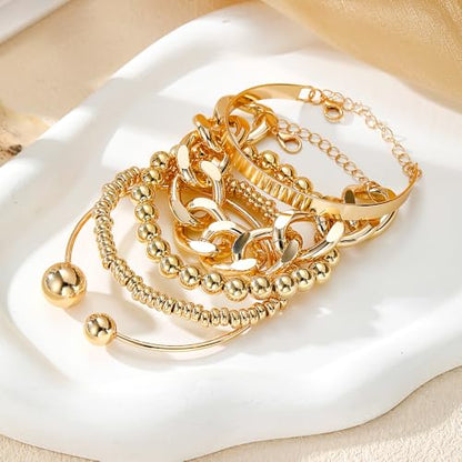 Golden Bangle Bracelets Set for Women, 14k Gold-Plated Multi Layer Stackable Cuff Bracelets, Personalized Boho Non Tarnish Adjustable Bangle Jewelry Gift for Her - color: 5PCS Golden Cuban Link Chain