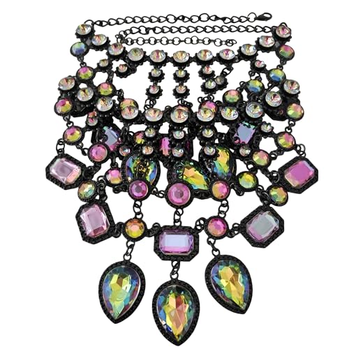 925 Sterling Silver Bib Jewelry Sets For Women - ZA Indian Ethnic Round Water Drop Crystal Tassel Necklace Earrings Jewelry Sets Statement Large, Chunky Rhinestone Necklace - color: Colorful - Bib Necklace