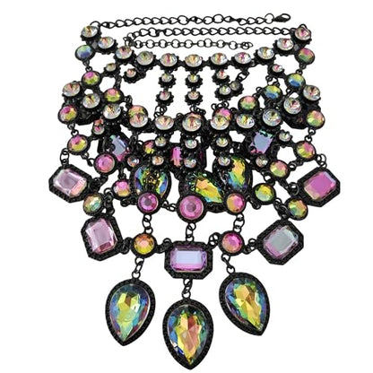 925 Sterling Silver Bib Jewelry Sets For Women - ZA Indian Ethnic Round Water Drop Crystal Tassel Necklace Earrings Jewelry Sets Statement Large, Chunky Rhinestone Necklace - color: Colorful - Bib Necklace