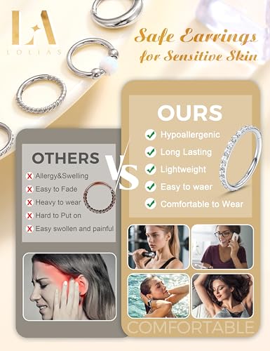 LOLIAS Septum Nose Rings Hoops - 316L Surgical Steel Septum Rings CZ Opal Silver 14K Gold Plated Hoop Nose Ring for Women 16G/18G Clicker Cartilage Earring Conch Daith Nostril Piercing Jewelry 8mm/10mm 8Pcs - color: Silver, size: 18G 10MM