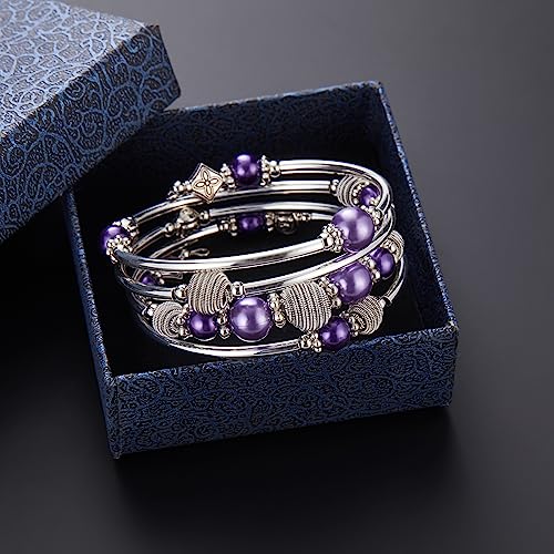 PEARL&CLUB Beaded Chakra Bangle Turquoise Bracelet - Fashion Jewelry Wrap Bracelet with Thick Silver Metal and Mala Beads, Birthday Gifts For Women - color: Purple pearl