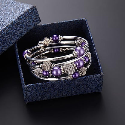 PEARL&CLUB Beaded Chakra Bangle Turquoise Bracelet - Fashion Jewelry Wrap Bracelet with Thick Silver Metal and Mala Beads, Birthday Gifts For Women - color: Purple pearl