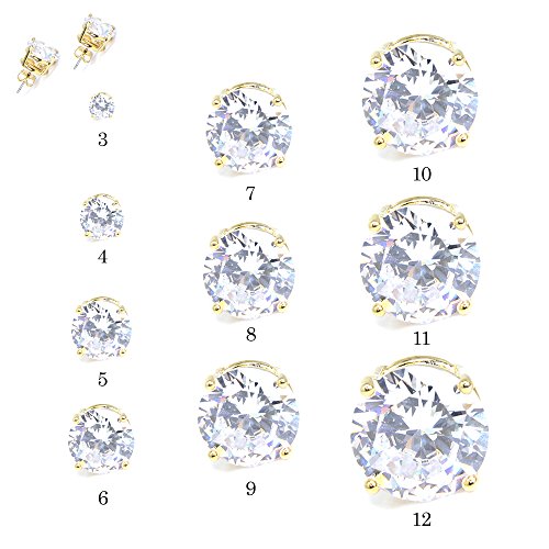 Stainless Steel Round Cut Cubic Zirconia Stud Earrings With Clear Case - Gold, Silver (3mm~12mm) - color: 12mm-Gold