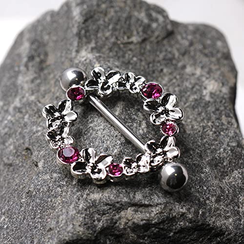 Pair of 316L Stainless Steel Pink Flower Wreath Nipple Shield