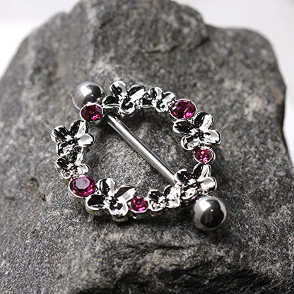 Pair of 316L Stainless Steel Pink Flower Wreath Nipple Shield