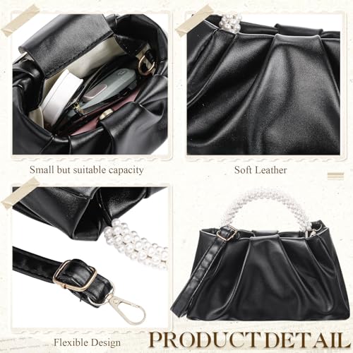 Liliaafar 4 Pcs Evening Clutch Purse with Pearl Jewelry Sets,Clutch Bag Pearl Earrings Necklace Bracelet for Wedding Party - color: Black, style: Leather Ruched
