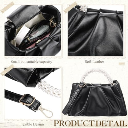 Liliaafar 4 Pcs Evening Clutch Purse with Pearl Jewelry Sets,Clutch Bag Pearl Earrings Necklace Bracelet for Wedding Party - color: Black, style: Leather Ruched