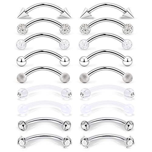 9 Pairs 16G Stainless Steel 3mm Clear CZ Glitter Ball Curved Barbell Eyebrow Tragus Lip Belly Ring Piercing Jewelry 3/8"(10MM) Silver - color: 18PCS - Silver