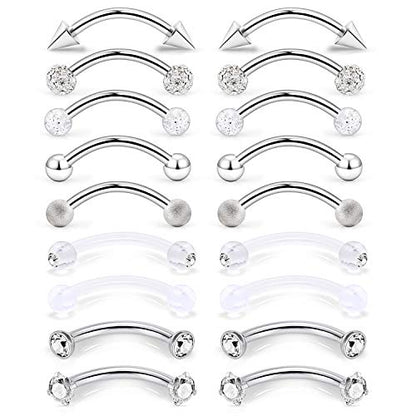9 Pairs 16G Stainless Steel 3mm Clear CZ Glitter Ball Curved Barbell Eyebrow Tragus Lip Belly Ring Piercing Jewelry 3/8"(10MM) Silver - color: 18PCS - Silver