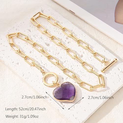 14K Gold Plated Two Sides Carved Stone Heart Shape Necklace for Women Love Pendant Necklace Jewelry for Daily and Gifts - color: Amethyst