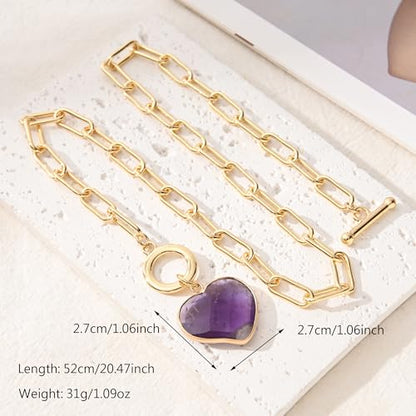 14K Gold Plated Two Sides Carved Stone Heart Shape Necklace for Women Love Pendant Necklace Jewelry for Daily and Gifts - color: Amethyst