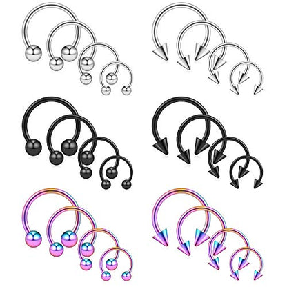Ruifan 8-24PCS 14G Surgical Steel Nose Septum Horseshoe Hoop Earring Eyebrow Tragus Lip Piercing Ring Balls & Spikes 8-14mm - color: 24PCS - Mix Color 2#