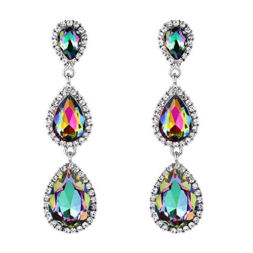 EleQueen Women's Crystal Teardrop Pear Shape 2.5 Inch Long Earrings | Dangle Earrings for Women, TearDrop Crystals Earrings for Bride Bridesmaid, Prom Jewelry for Wedding - color: 06-Silver-tone Multicolor