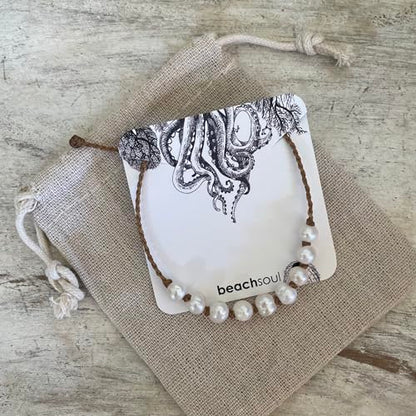 Natural Freshwater Pearl Bracelet or Anklet for Women, Casual Beach and Surfer Style on Hand Spun Rope Cord, Handmade by Beach Soul - style: Anklet