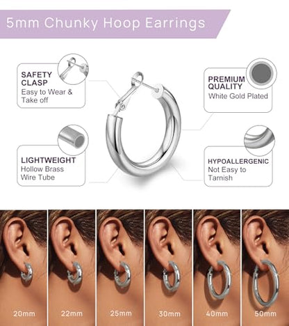 wowshow Gold Hoop Earrings for Women Chunky Hoops 14K Gold Plated Thick Hollow Tube Lightweight Earrings for Mother Birthday Gifts 20/25/30/40/50MM - color: Silver-25MM