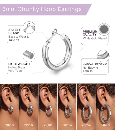 Gold Hoop Earrings for Women Chunky Hoops 14K Gold Plated Thick Hollow Tube Lightweight Earrings for Mother Birthday Gifts 20/25/30/40/50MM - color: Silver-25MM