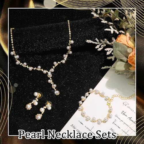 Rhinestone Jewelry Set Crystal Pearl Necklace Bracelet Earrings | Sparkly Necklace Dangle Earrings,Wedding Prom Formal Costume Jewelry Sets for Women - color: Gold8