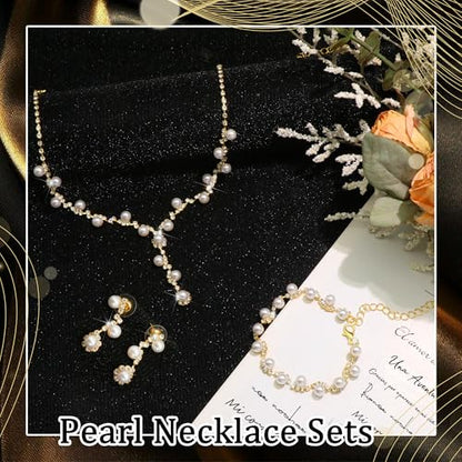 Rhinestone Jewelry Set Crystal Pearl Necklace Bracelet Earrings | Sparkly Necklace Dangle Earrings,Wedding Prom Formal Costume Jewelry Sets for Women - color: Gold8