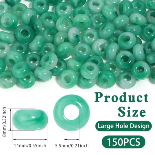 150PCS 14x8mm Green Acrylic European Large Hole Rondelle Spacer Beads with Storage Box, Loose Beads for Bracelet Necklace Earring Hair DIY Jewelry Making - color: Green