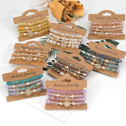 Boho Beaded Bracelet Set for Women - 4 Pcs Multilayer Stackable Crystal Glass Bead Bracelets with Faux Pearl Elastic Stretch Fashion Jewelry for Daily Wear, Beach, Party & Gifts - color: Blue