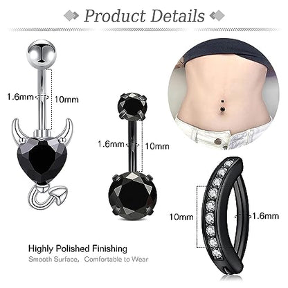 Belly Button Rings Stainless Steel 14G CZ Opal Navel Rings Barbells Women Girls Belly Piercing Jewelry - color: Black Color-Style G: 5 PCS